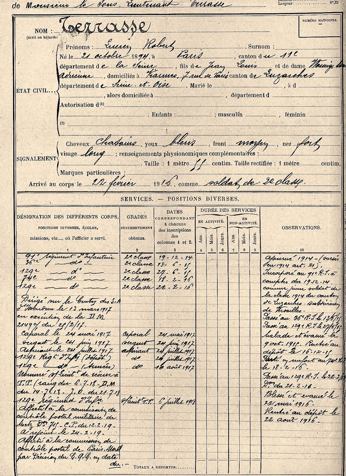 Etats de services de guerre de Lucien TERRASSE