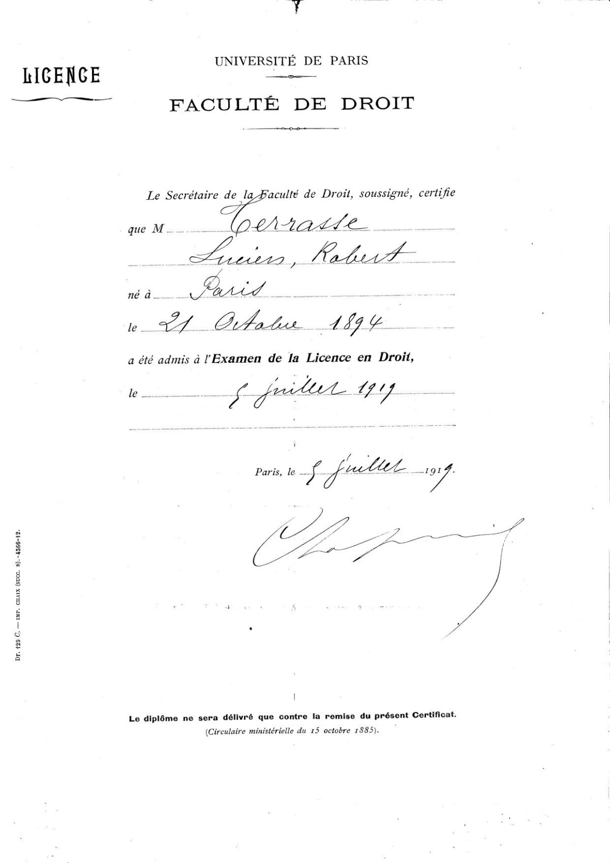 Licence de droit Lucien TERRASSE