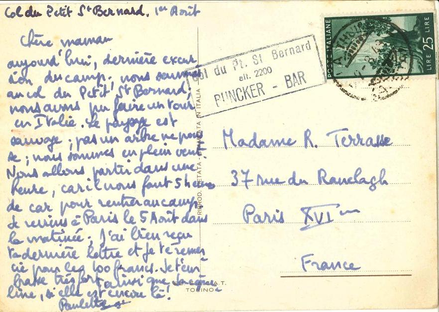 carte de Paulette TERRASSE à sa mère du col du Petit St Bernard