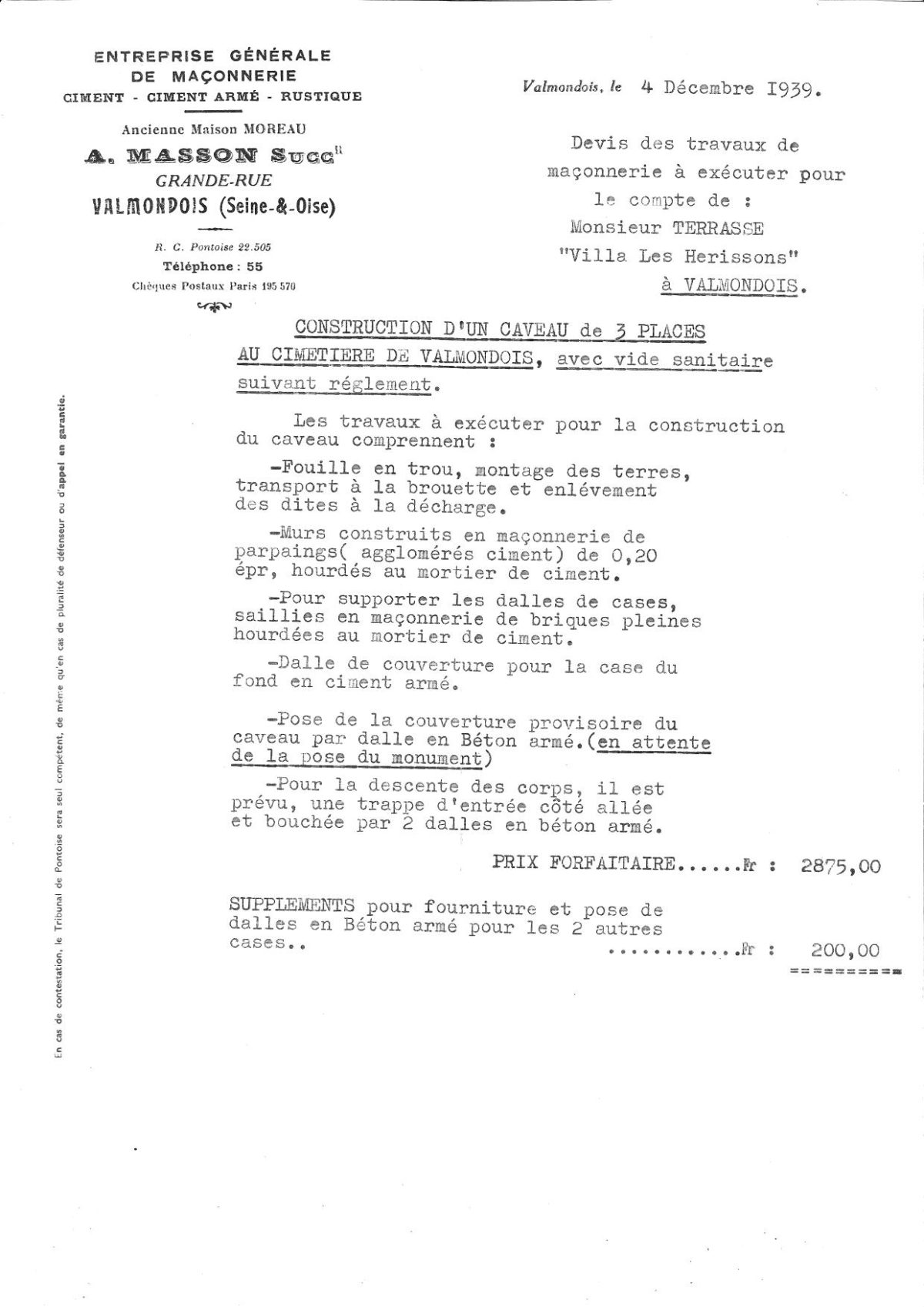 devis du caveau de Valmondois
