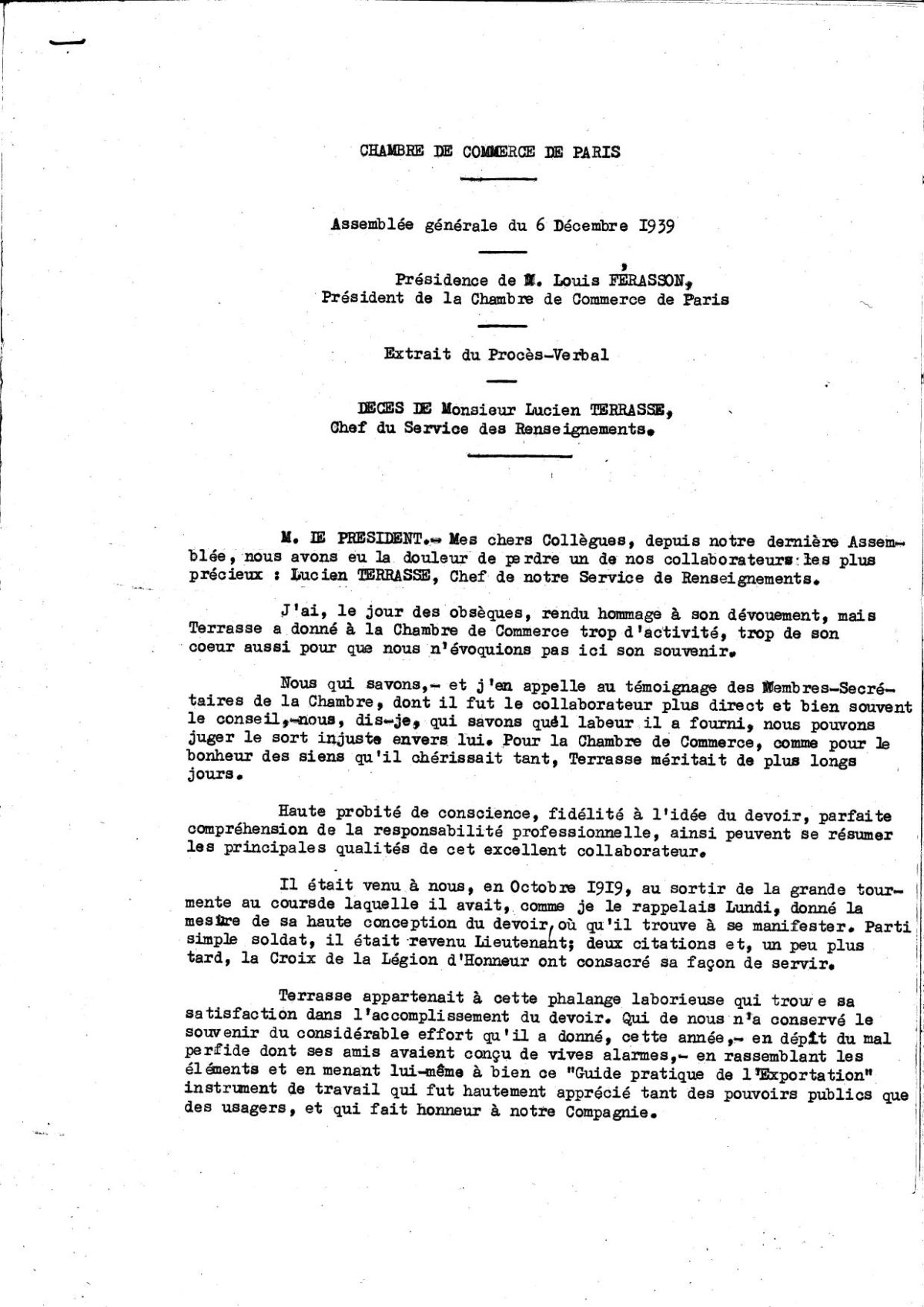 discours à la chambre de commerce en l&rsquo;honneur de Lucien TERRASSE