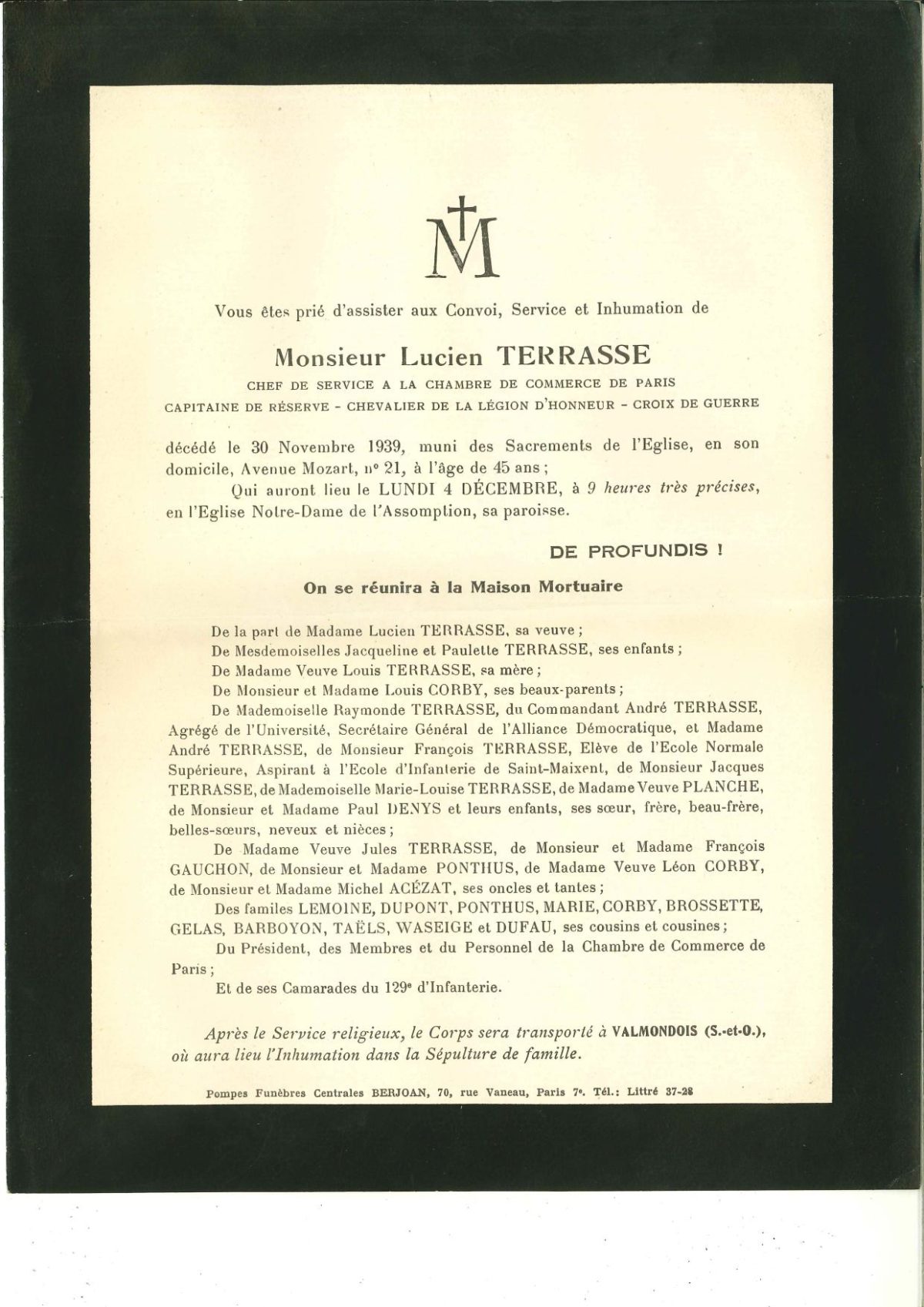 invitation convoi funèbre 1939 Lucien TERRASSE