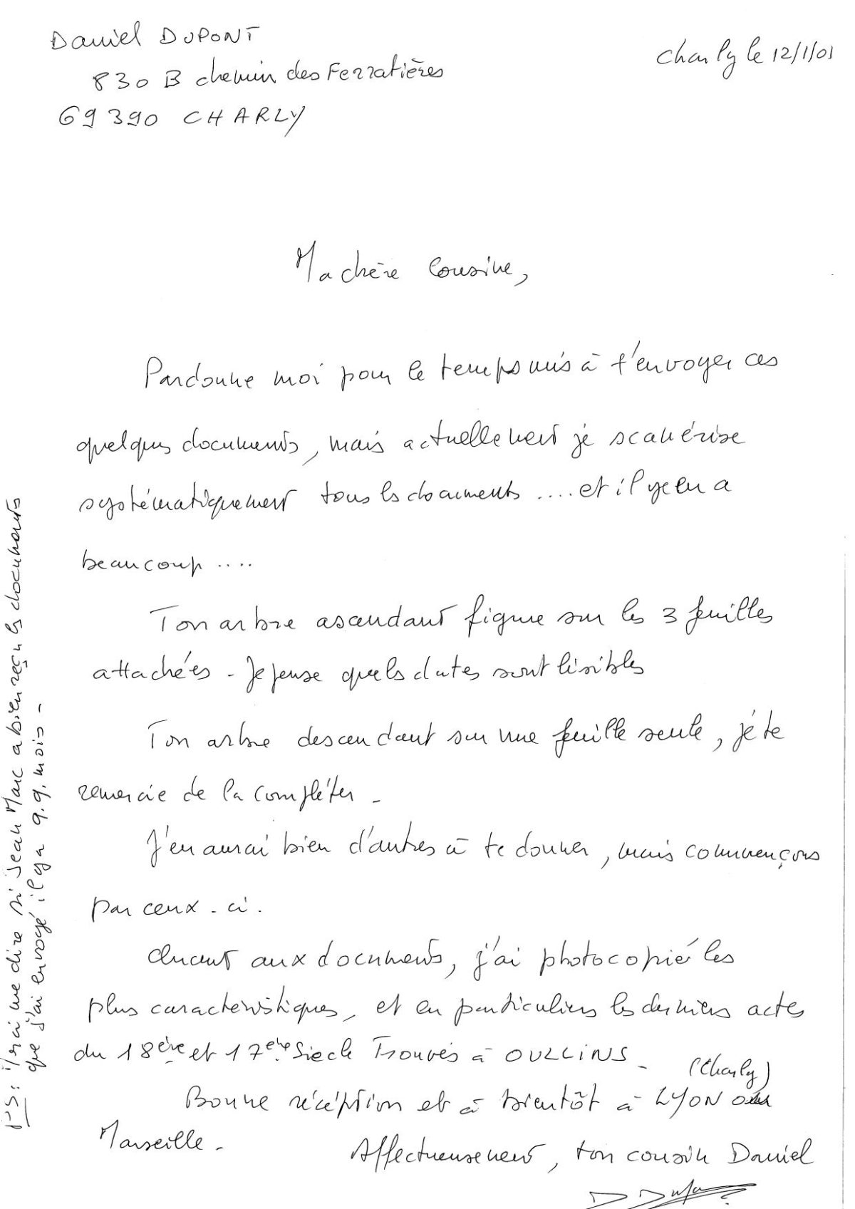 lettre de Daniel DUPONT à Paulette AUNE