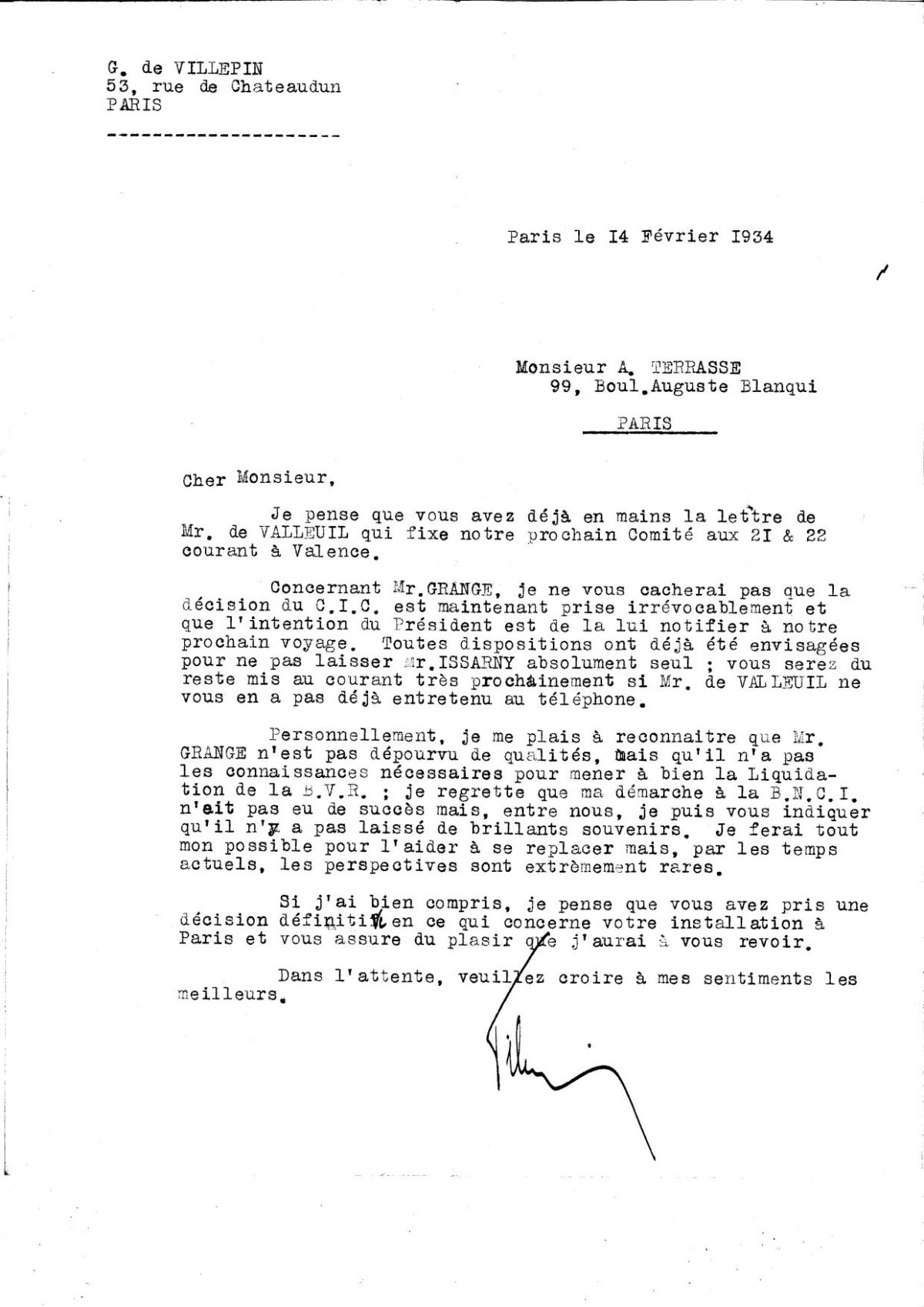Lettre de G. de VILLEPIN à André TERRASSE