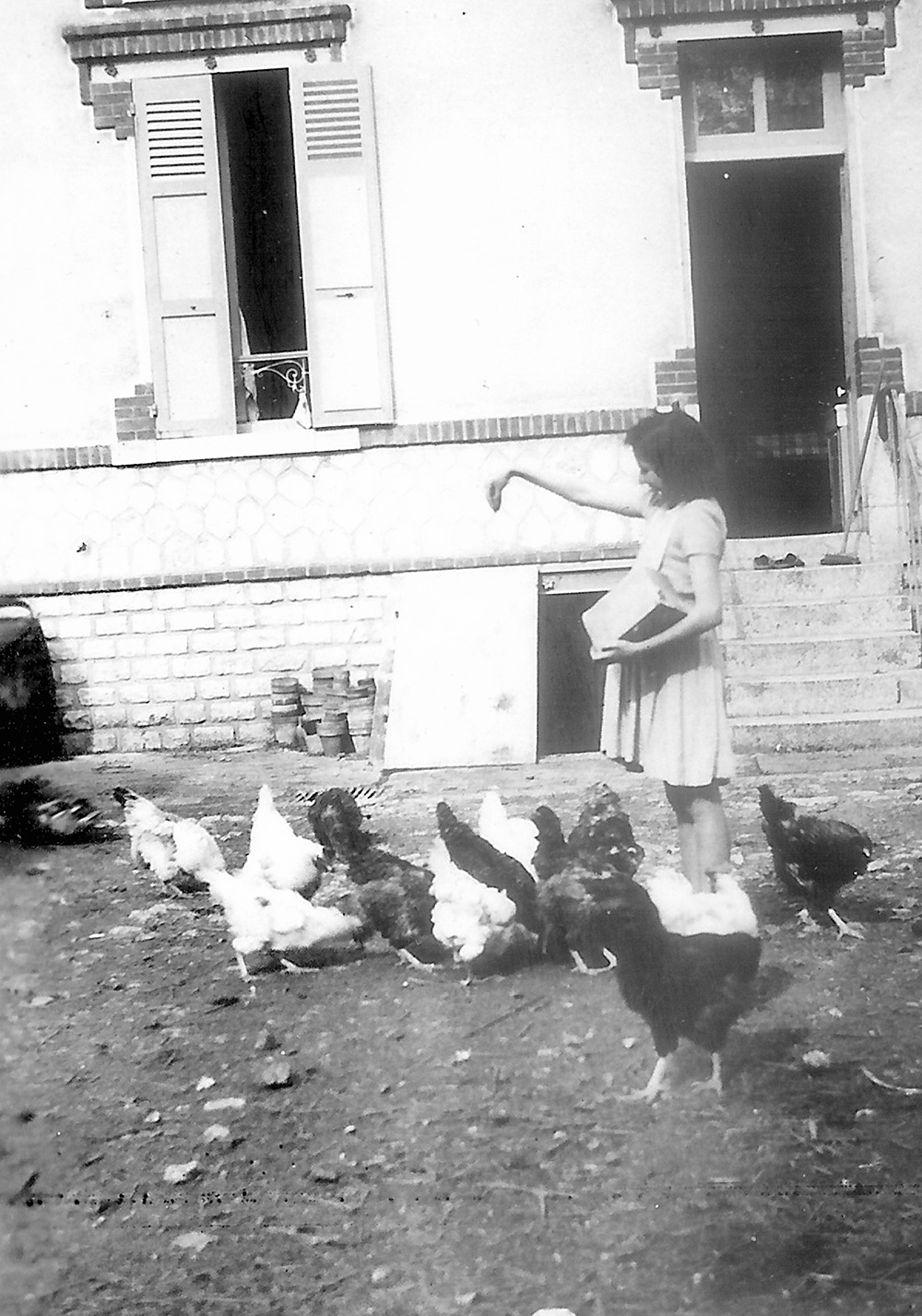 Paulette TERRASSE donnant le grain aux poules à Miguerette