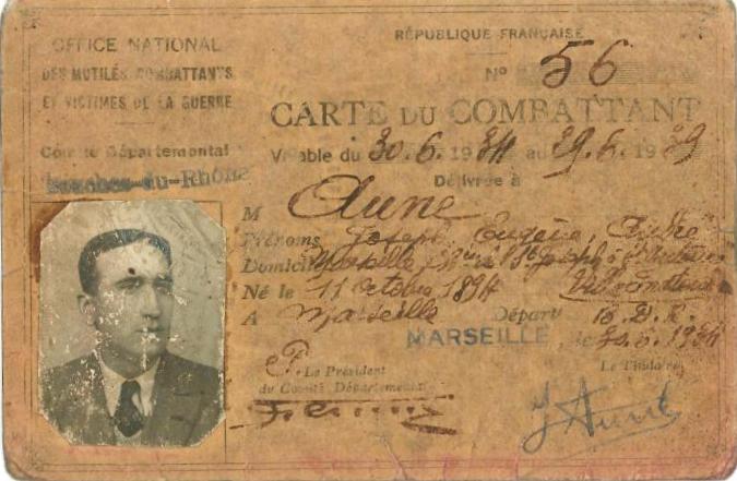 Carte du combattant de Joseph AUNE