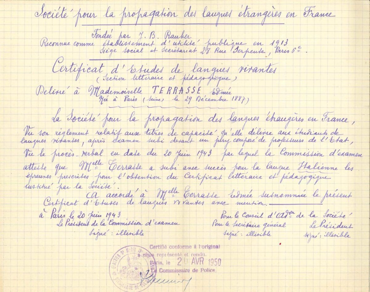 Certificat d&rsquo;études en italien de Raymonde TERRASSE