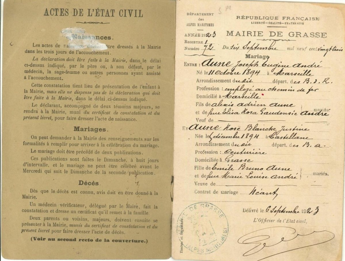 Livret de famille de Joseph AUNE
