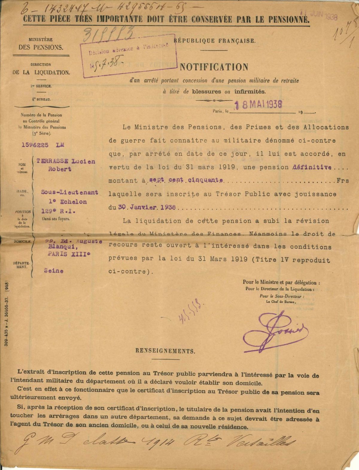 Notification de pension de Lucien TERRASSE