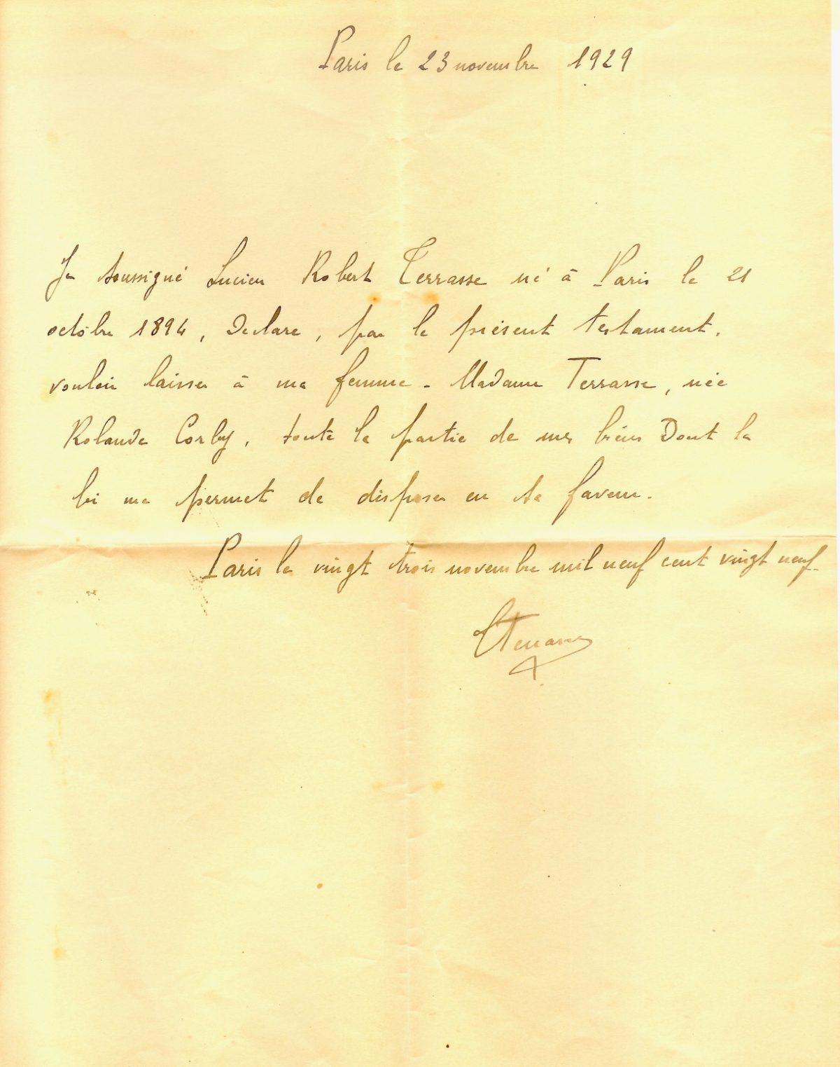 lettre de testament de Lucien TERRASSE de 1929