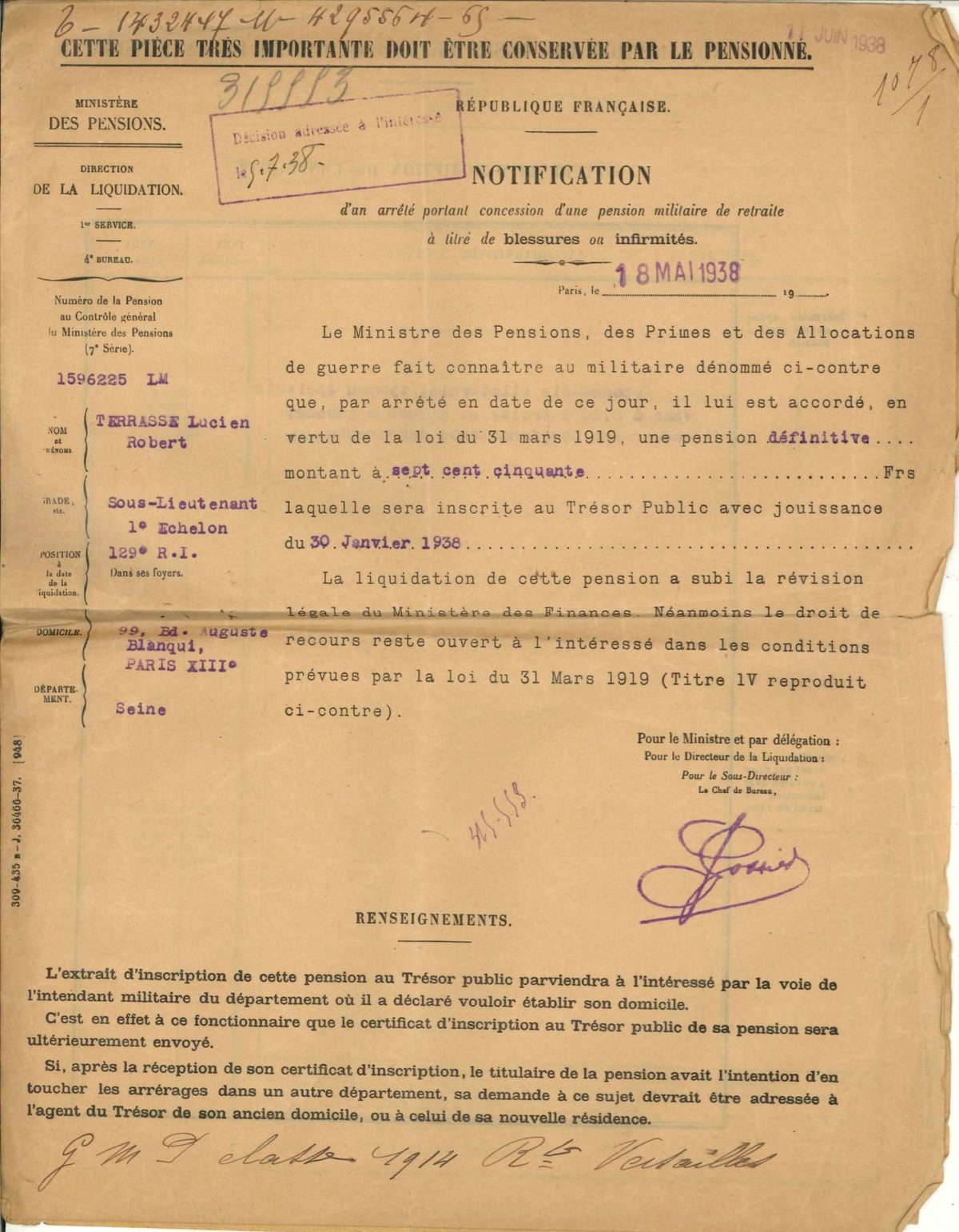 notification de pension 1938 Lucien TERRASSE