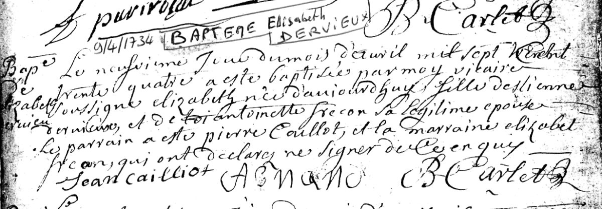 Acte de baptême d’Elizabeth DERVIEUX