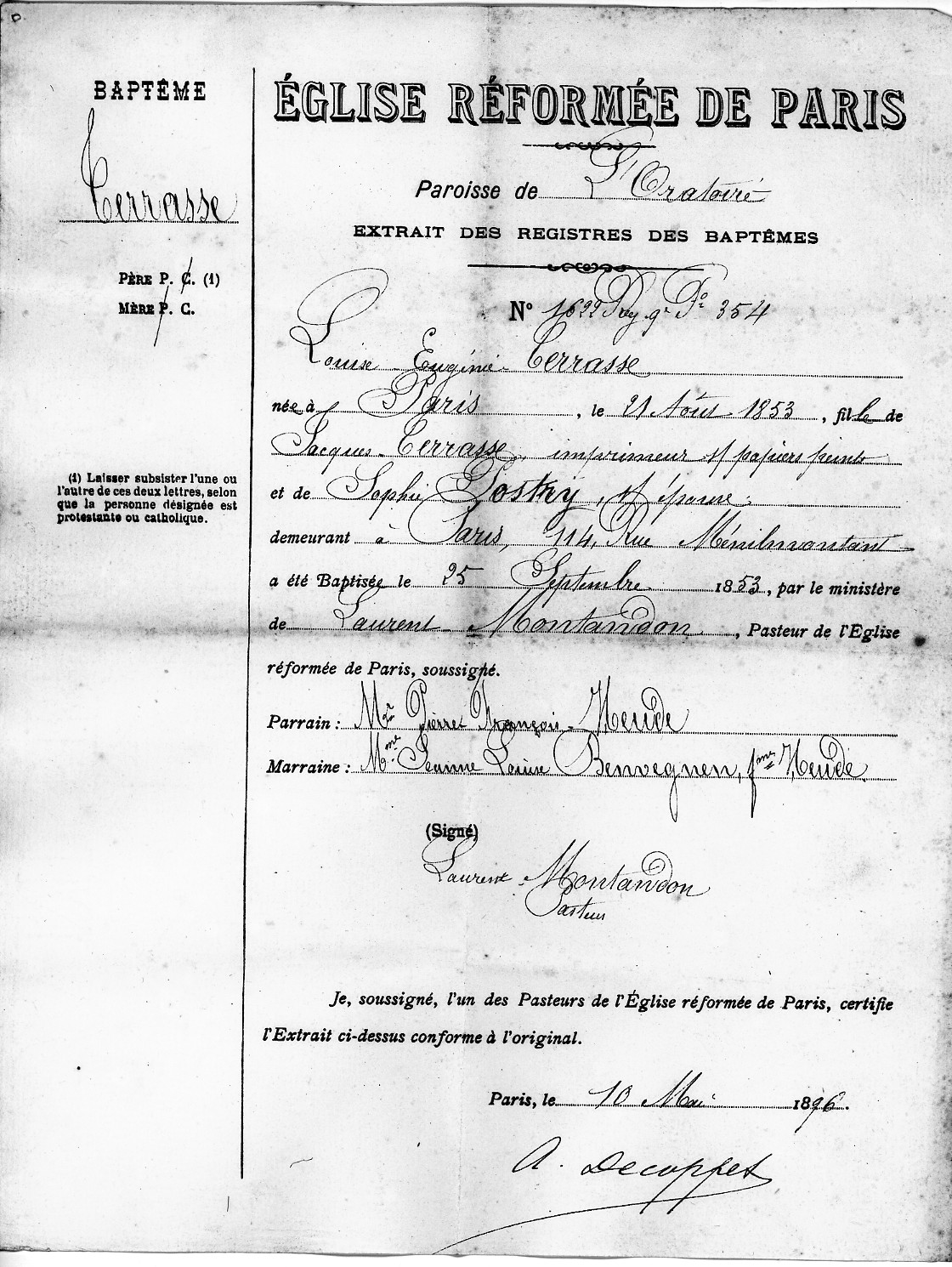 Acte de baptême de Louise Eugénie TERRASSE