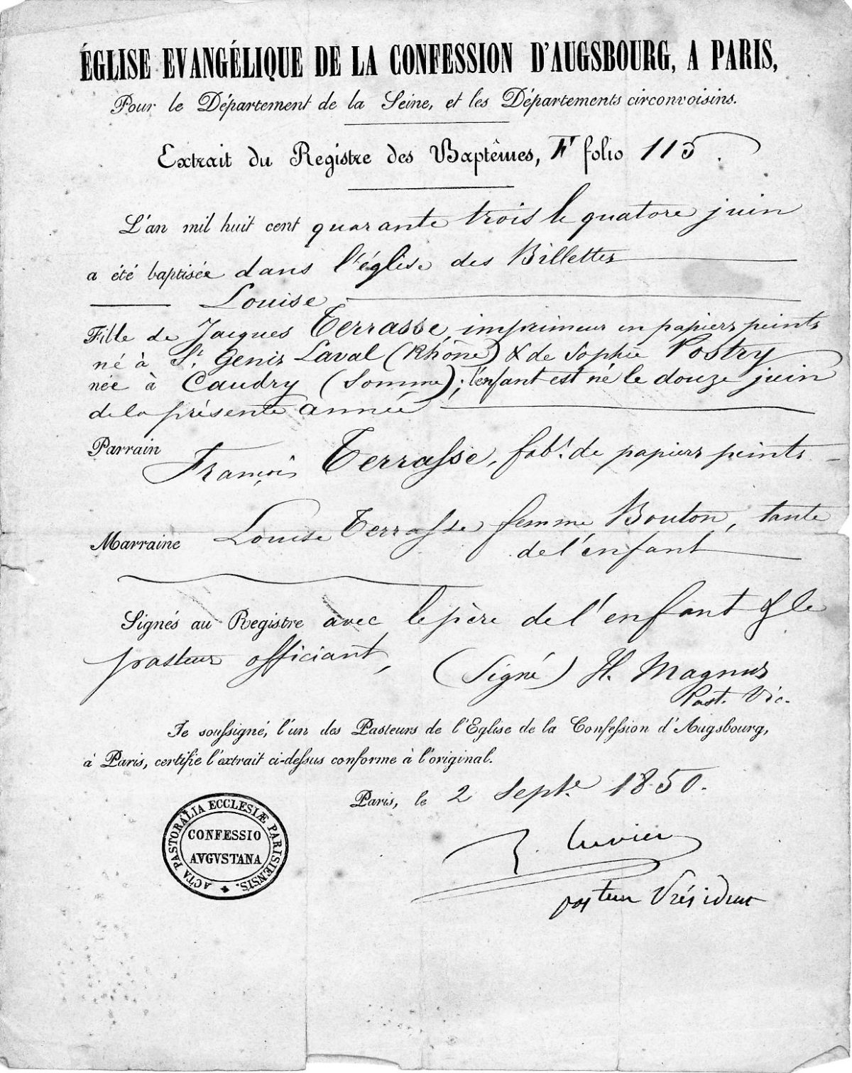Acte de baptême de Louise TERRASSE