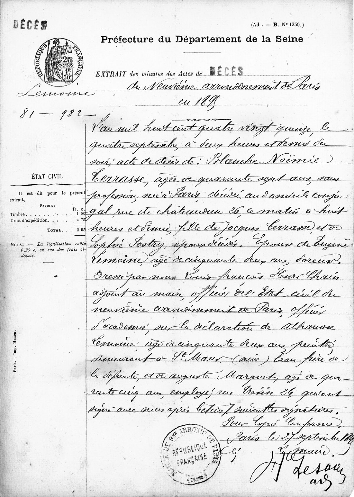 Acte de décès de Blanche Noémie TERRASSE