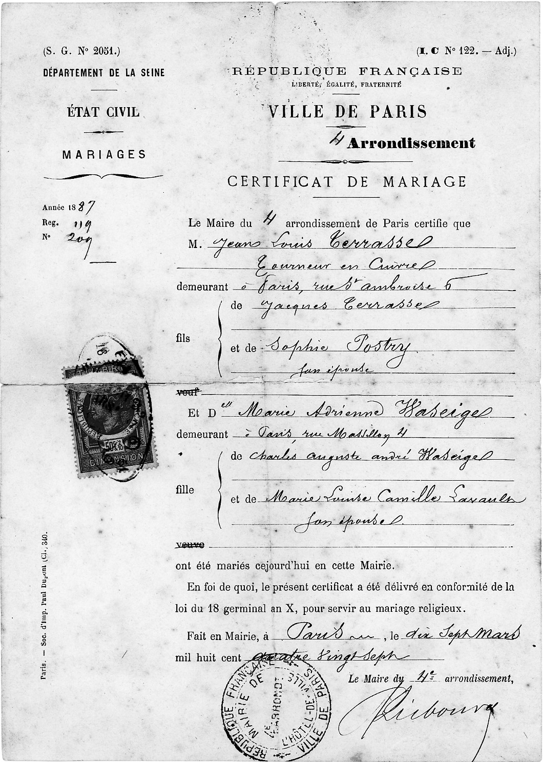 Acte de mariage de Jean-Louis TERRASSE et Marie Adrienne WASEIGE