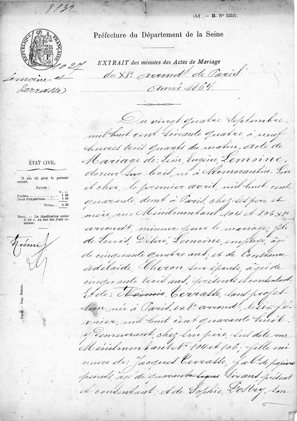 Acte de mariage de Noémie TERRASSE et Léon LEMOINE