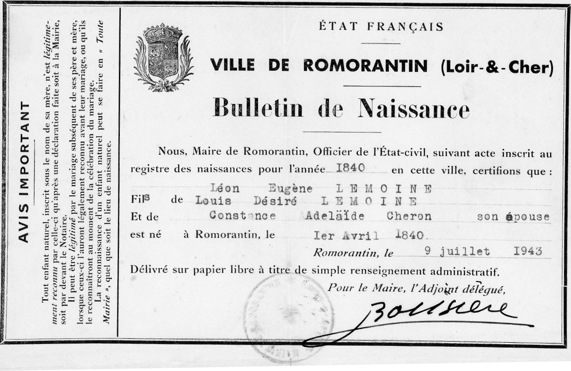 Acte de naissance de Léon LEMOINE