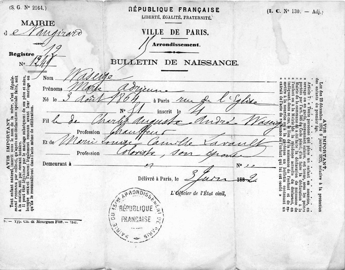 Acte de naissance de Marie WASEIGE