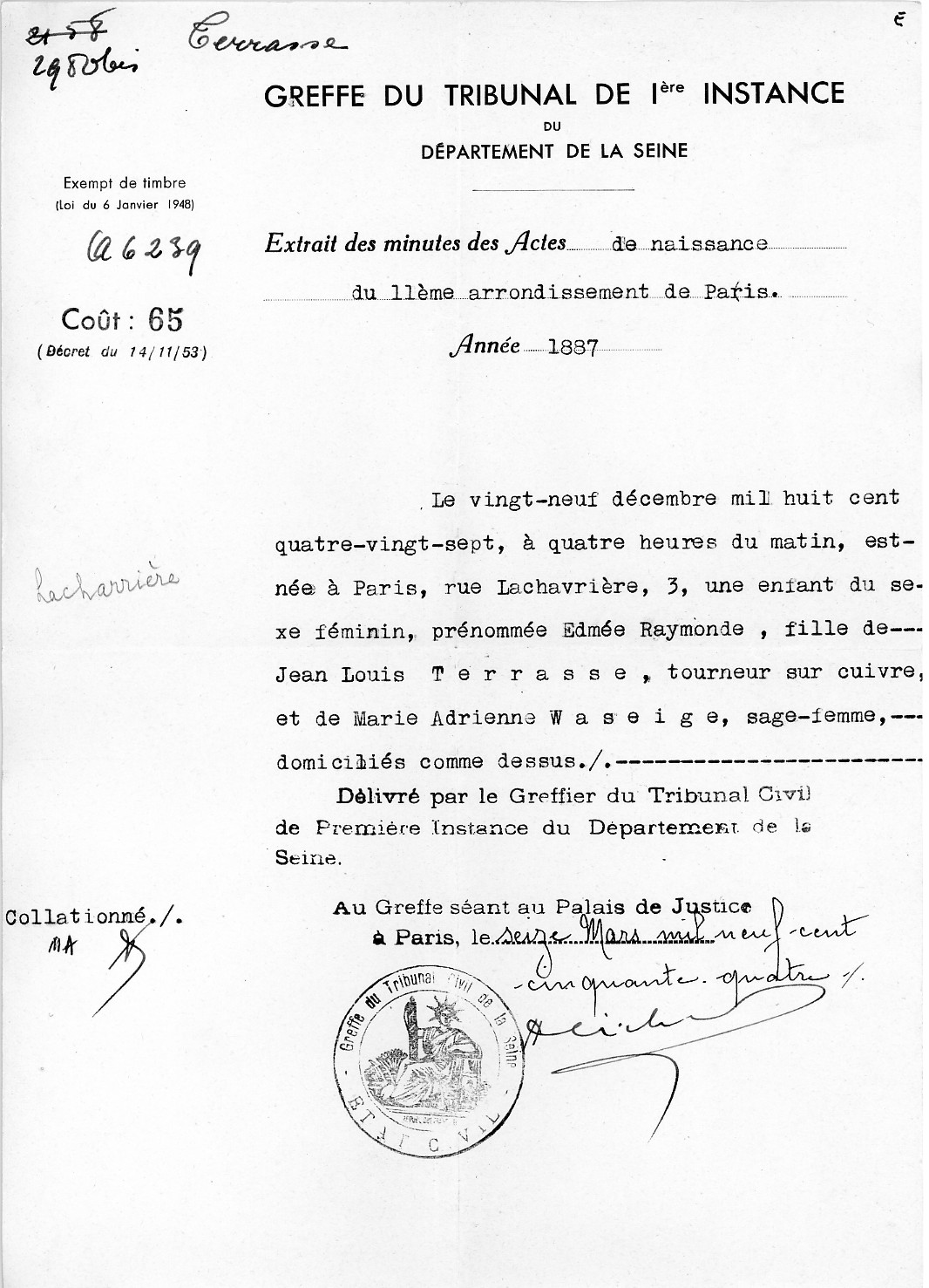 Acte de naissance de Raymonde TERRASSE