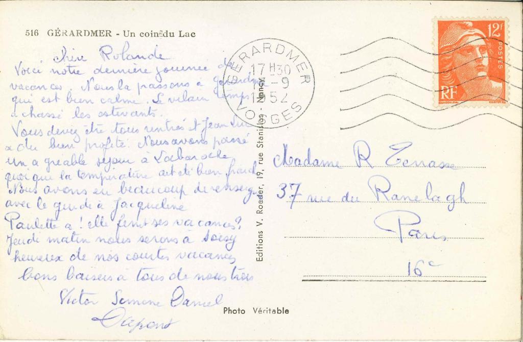 carte de Victor Simone Daniel DUPONT du 17 sept 1954