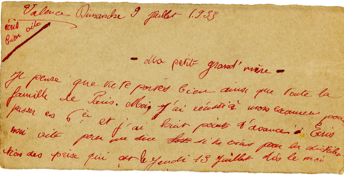 Lettre de Marie-Louise TERRASSE à sa grand-mère